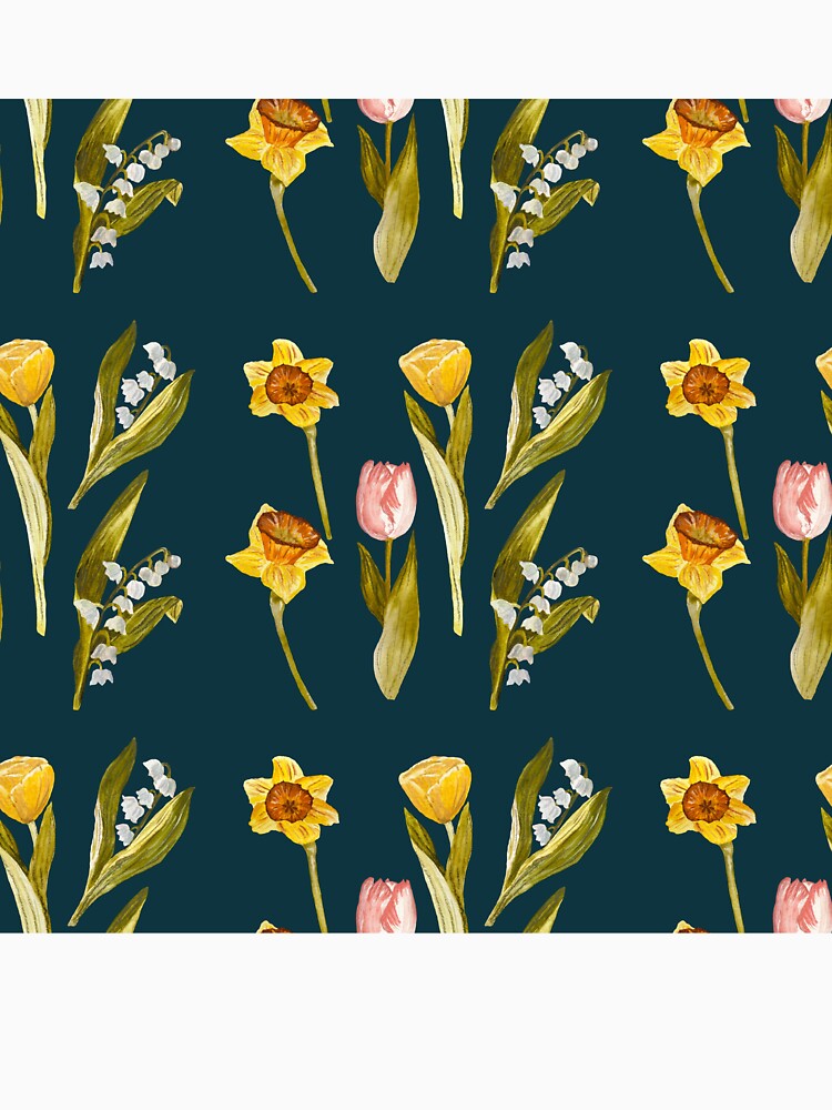 Daffodil tulip snowdrop Easter a seamless pattern blue by Yana Mustafina | Boho Soulful Designs T-Shirts,... (Image 3)