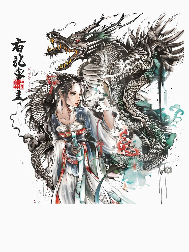 Japanes Dragon And Woman. Tattoo Style Art by Lucy Goosy Art T-Shirts, Hoodie, Sweatshirt | BlankRebels.com (Image 3)