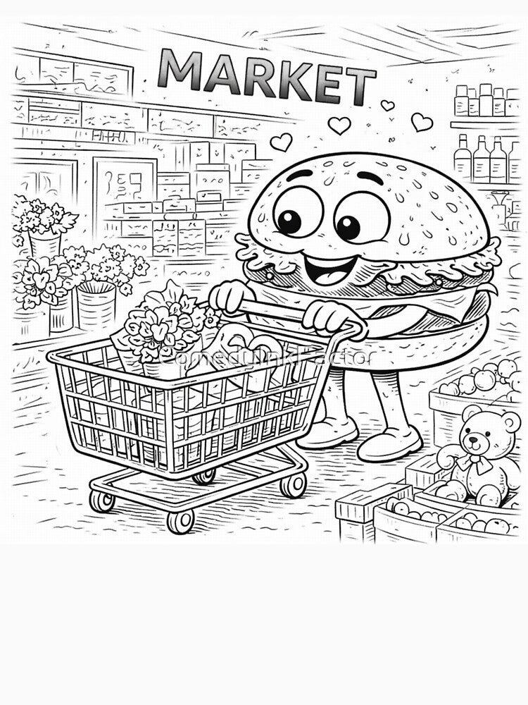 Cute Burger Grocery Shopping – Kawaii Food Character Market Doodle (Black & White) by ComedyInkFactor T-Shirts,... (Image 3)