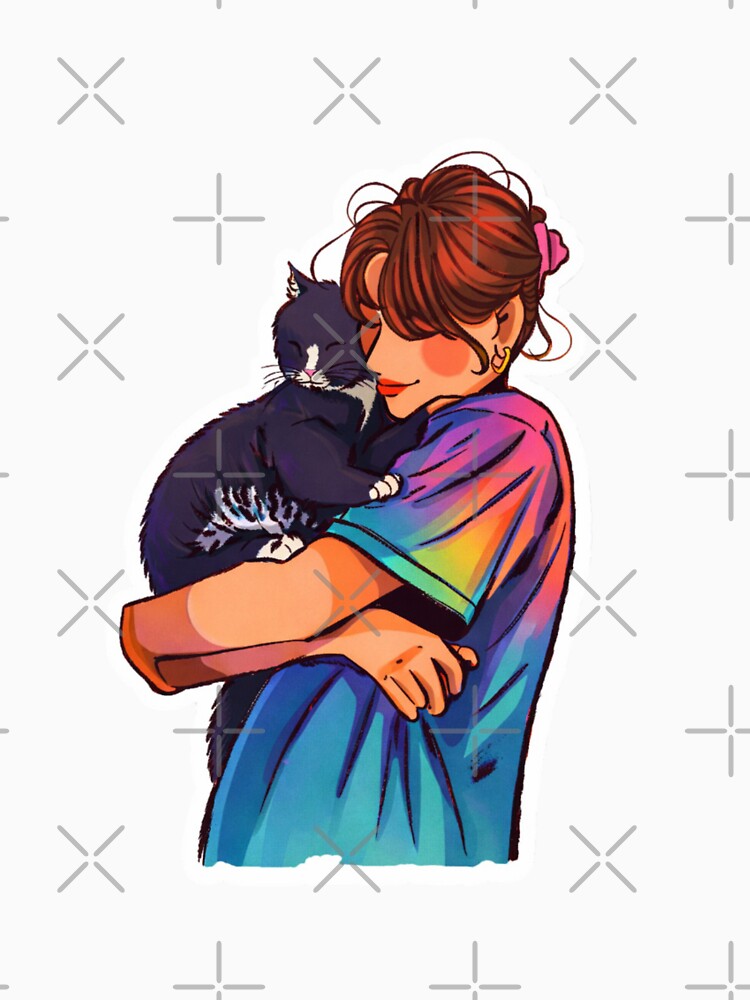 Cozy Cat Hug Sticker | Colorful Girl Holding Cat Illustration | Cute Pet Lover Art by Gurjeetpixelart T-Shirts,... (Image 3)