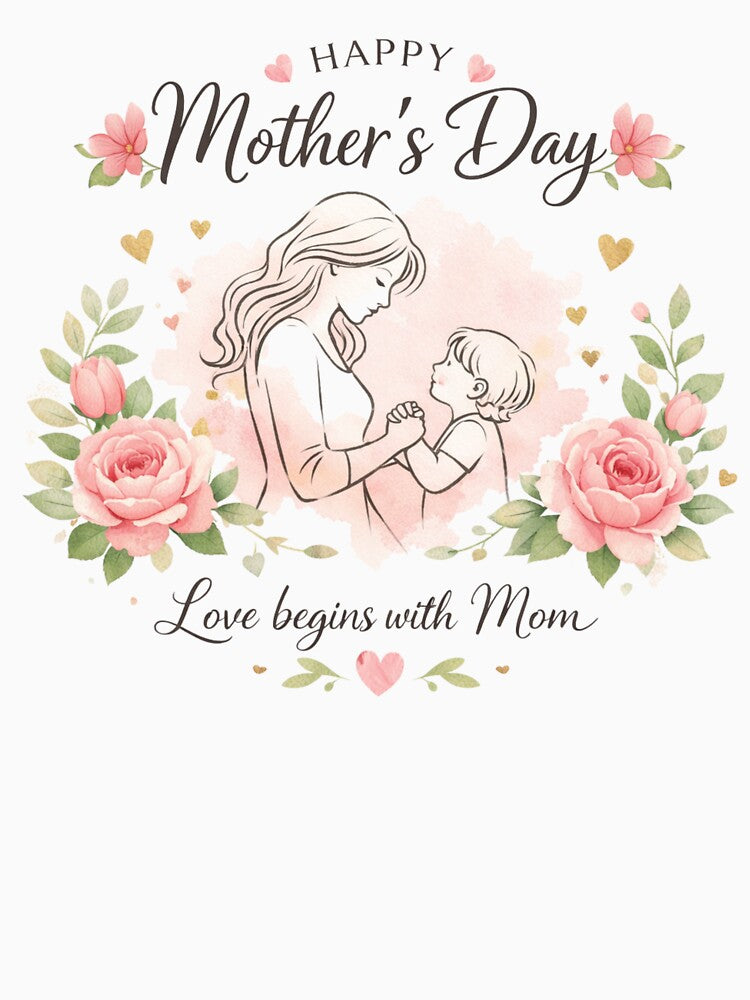 Happy Mother’s Day Floral Art Print – Mother and Child Line Drawing, Love Begins with Mom, Elegant Mother’s Day... (Image 3)