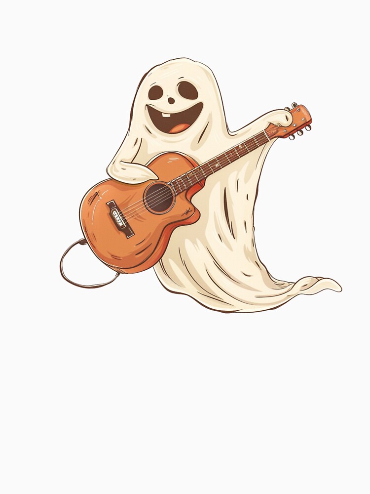 Happy Halloween Ghost – Funny Cartoon Spirit Playing Acoustic Guitar Illustration by EchoofElijah T-Shirts,... (Image 3)
