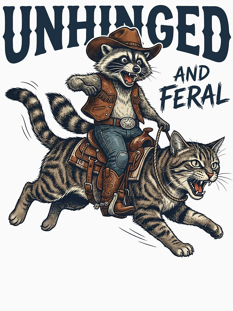 Unhinged Feral Funny Wild Cat Cowboy Illustration Shirt T-Shirts, Hoodie, Sweatshirt