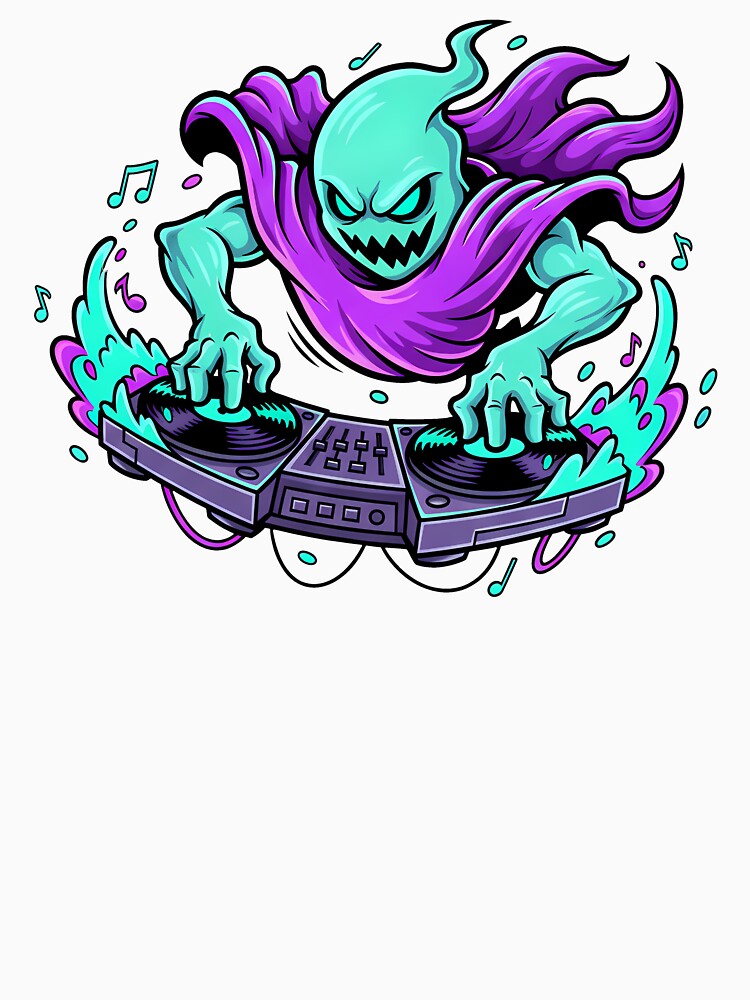 DJ Ghost Illustration – Spooky Music Spirit Mixing on Turntables Neon Art by hn79 T-Shirts, Hoodie, Sweatshirt (Image 3)