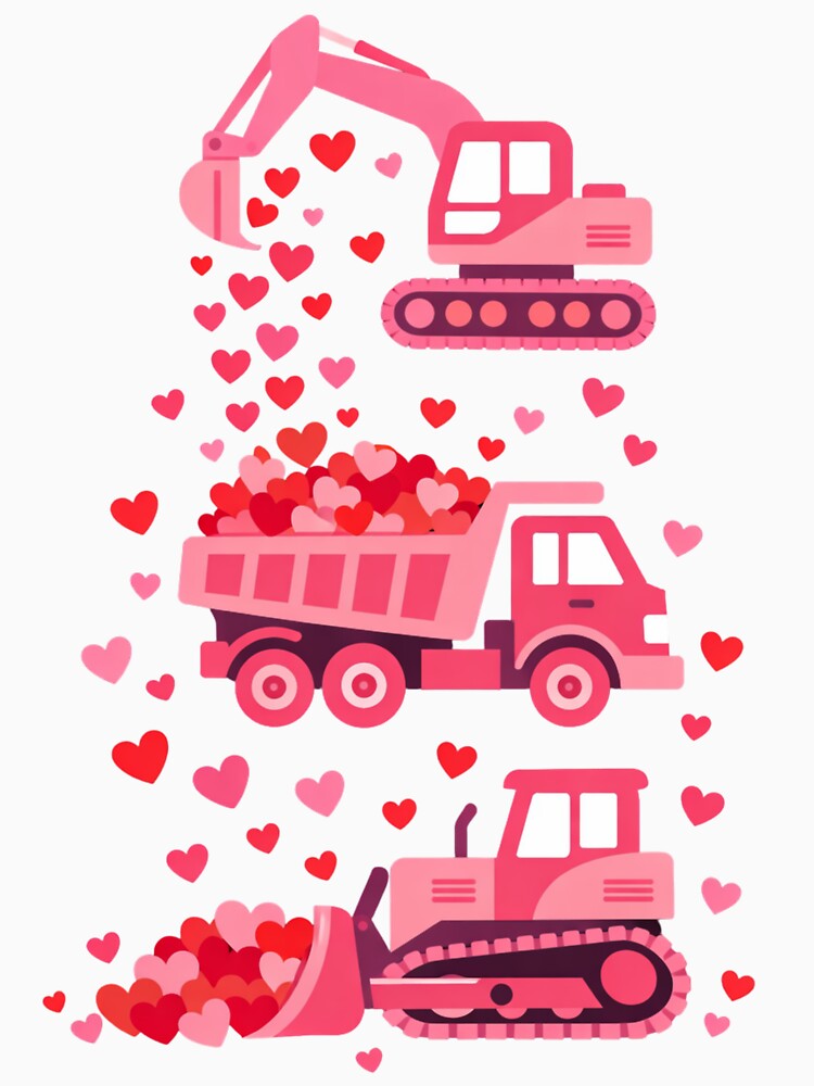 Valentine Construction Trucks with Hearts – Cute Love Excavator Bulldozer Kids Design by PutagaShop T-Shirts,... (Image 3)