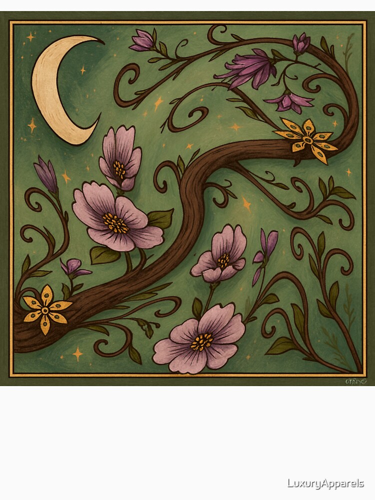 Mystical Moon Garden Botanical Art | Vintage Floral Folk Illustration by LuxuryApparels T-Shirts, Hoodie,... (Image 3)