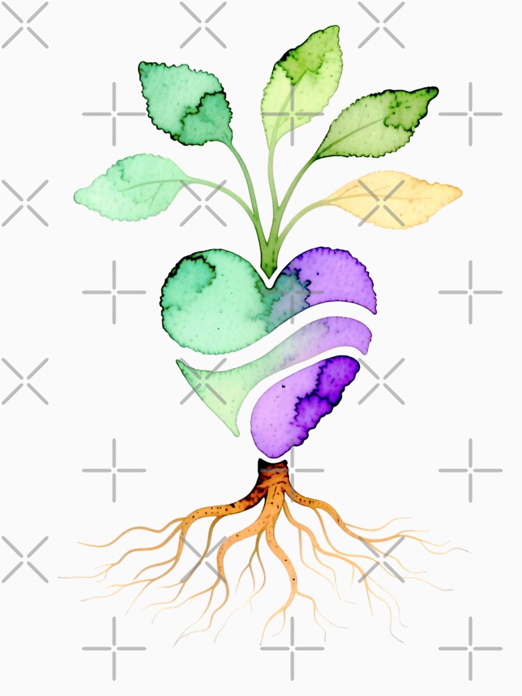 Watercolor Vegan Heart Roots Sticker & T-Shirt | Plant-Based Watercolor Heart with Roots | Boho Hippie Nature... (Image 3)