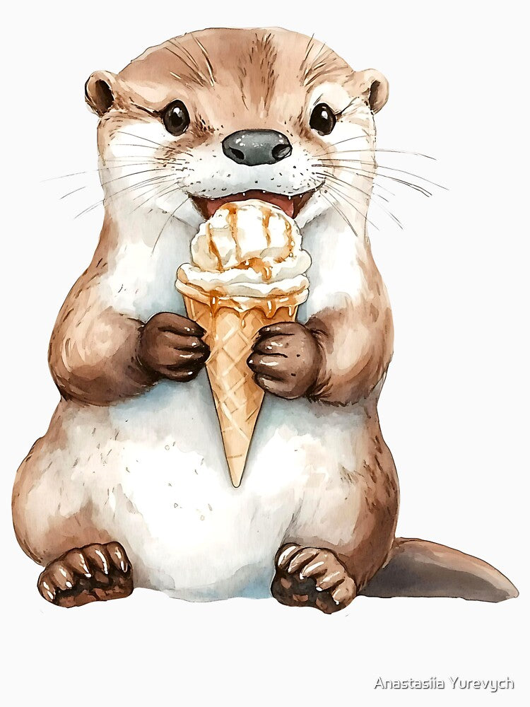 Watercolor otter holding ice cream cone. Cute otter eating ice cream in watercolor style by Anastasiia Yurevych... (Image 3)