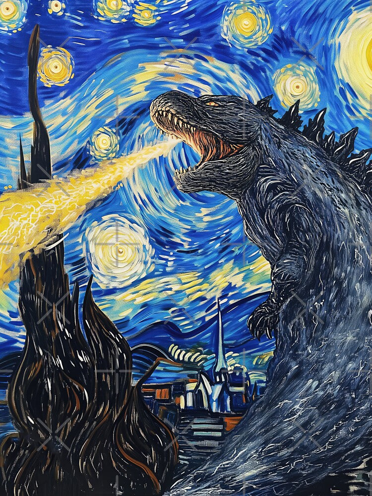Vincent Van Gojira, Vincent Van Goghzilla, Godzilla Destroying The Starry Night by PrintShangri-La T-Shirts,... (Image 3)