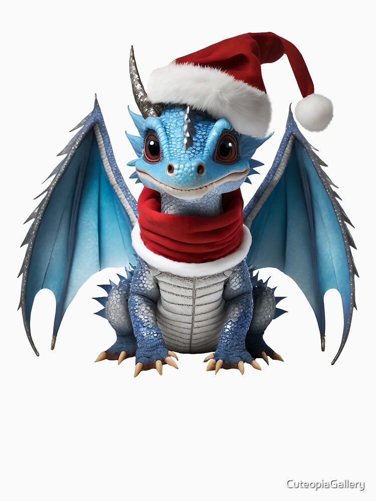 Realistic Artwork of a Cute Blue Baby Dragon Wearing a Red Festive Christmas Hat and Scarf by CuteopiaGallery... (Image 3)