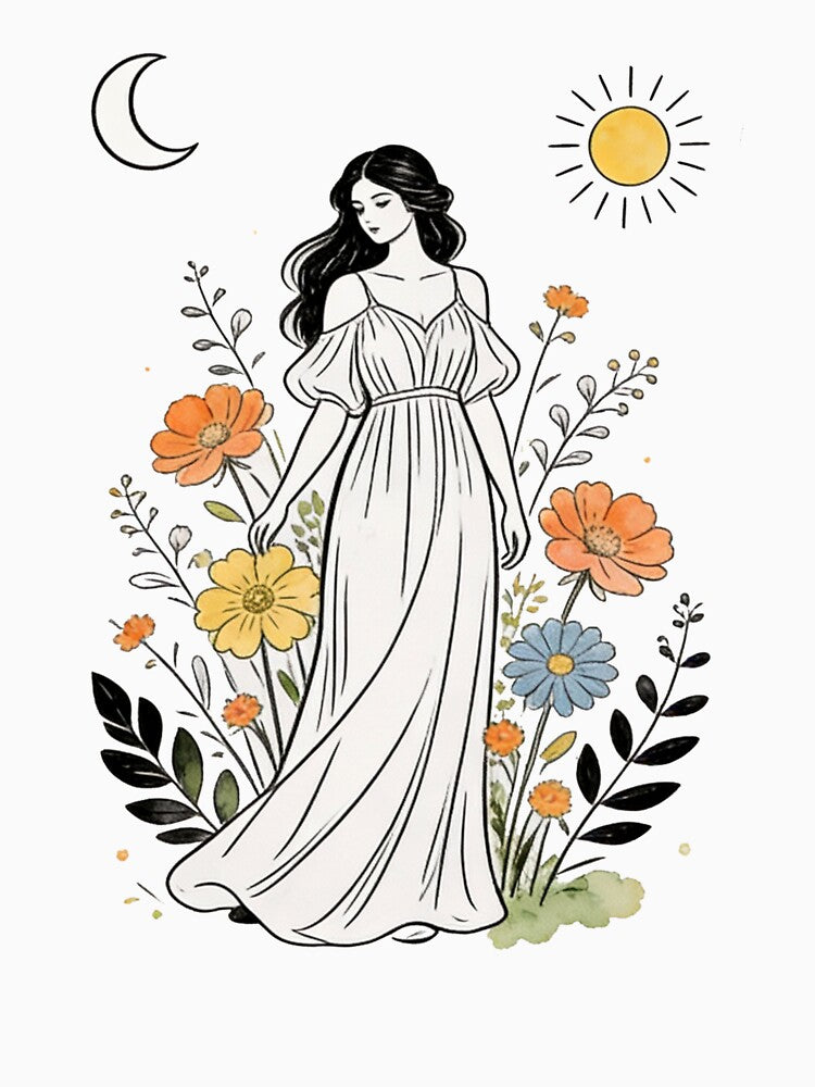 Boho Woman Floral Illustration – Sun and Moon Cottagecore Art by truongloc246 T-Shirts, Hoodie, Sweatshirt (Image 3)