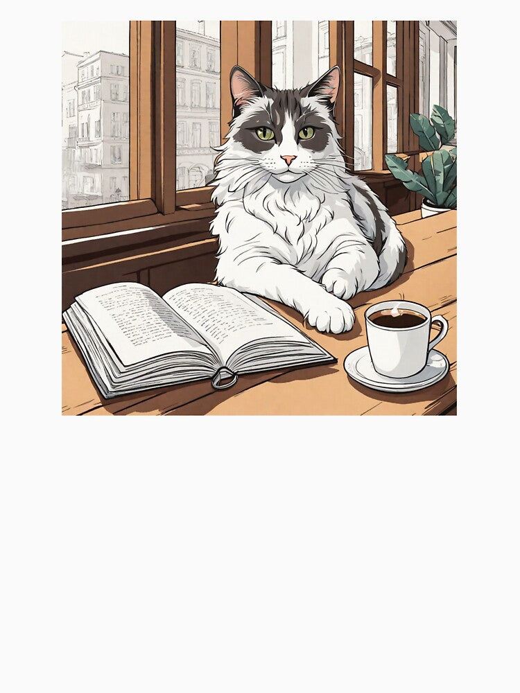 A cat lounging on a table with a cup of coffee and a book by othmanebhl T-Shirts, Hoodie, Sweatshirt (Image 3)