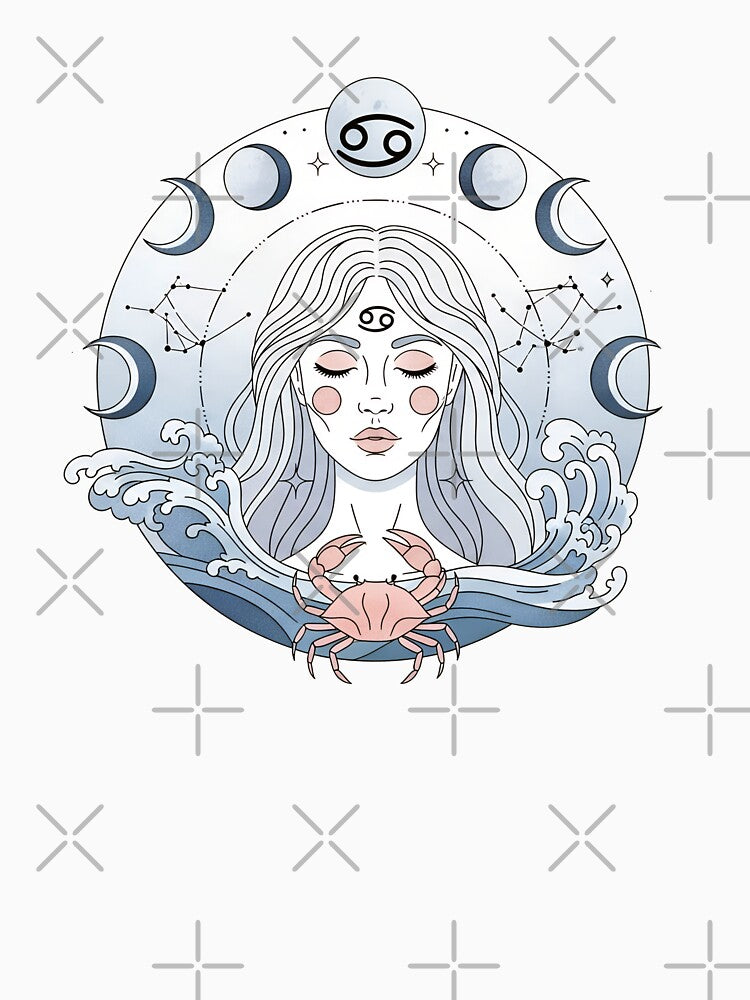 Cancer Zodiac Art – Moon Phases Astrology Illustration with Mystic Female Portrait by Timegraf T-Shirts,... (Image 3)