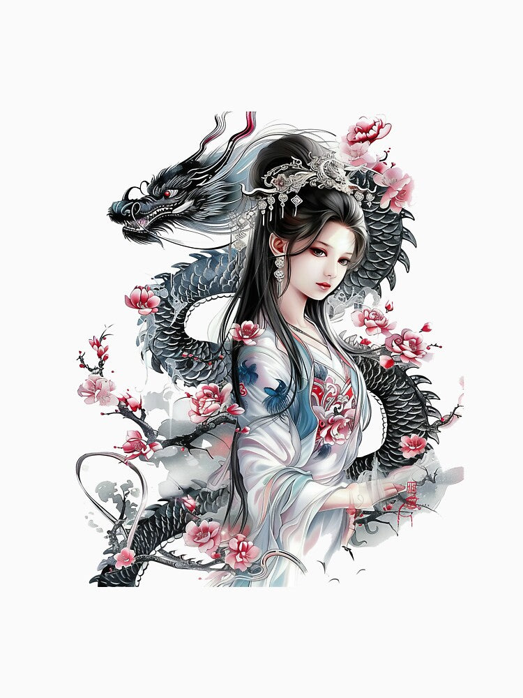 Beautiful Japanese Woman And Dragon. Tattoo Style Art by Lucy Goosy Art T-Shirts, Hoodie, Sweatshirt (Image 3)