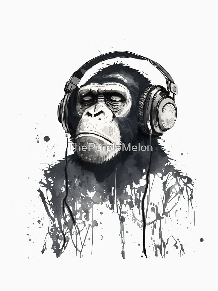 Chimp Wearing Headphones Listening to music by ThePurpleMelon T-Shirts, Hoodie, Sweatshirt | BlankRebels.com (Image 3)