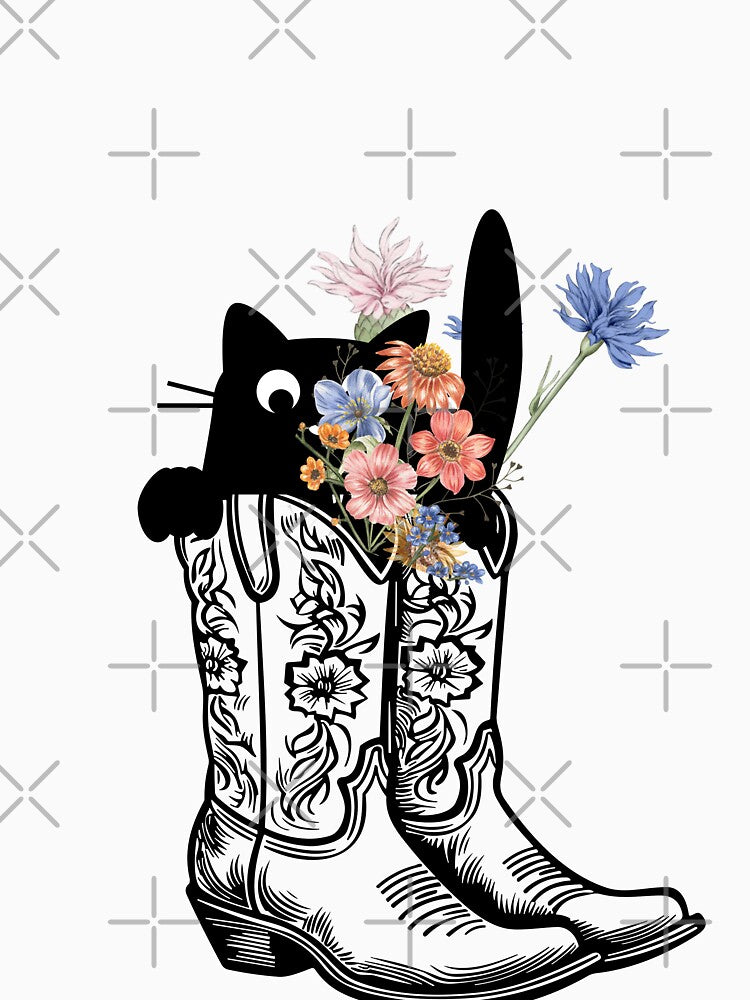 Cow girl boots with wild flowers peeping black cat by ClickATee Store T-Shirts, Hoodie, Sweatshirt (Image 3)