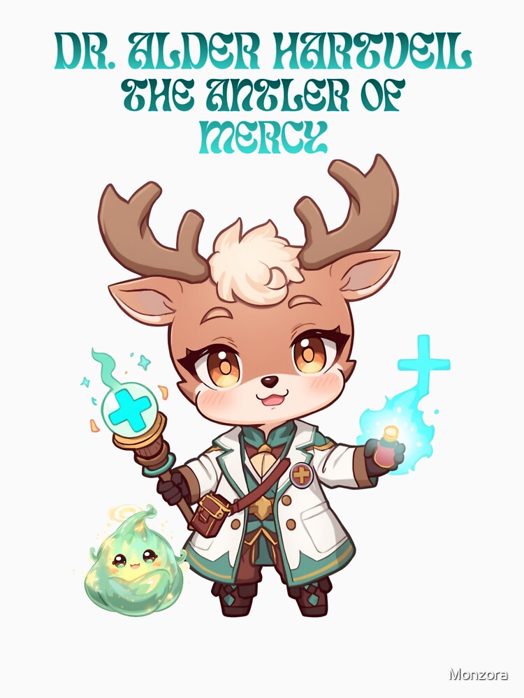 Dr. Alder Hartveil – The Antler of Mercy | Fantasy Deer Doctor Healer Art by Monzora T-Shirts, Hoodie, Sweatshirt (Image 3)