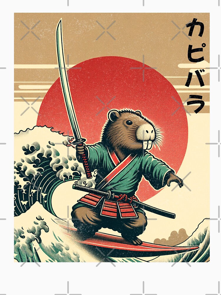 Capybara Surfing a Great Wave Japanese Retro Art by HearMeRoarDesignsCo T-Shirts, Hoodie, Sweatshirt (Image 3)