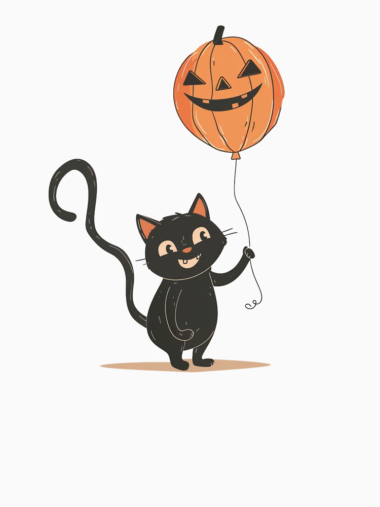 Cute Halloween Black Cat – Cartoon Kitten Holding Pumpkin Balloon Illustration by EchoofElijah T-Shirts,... (Image 3)