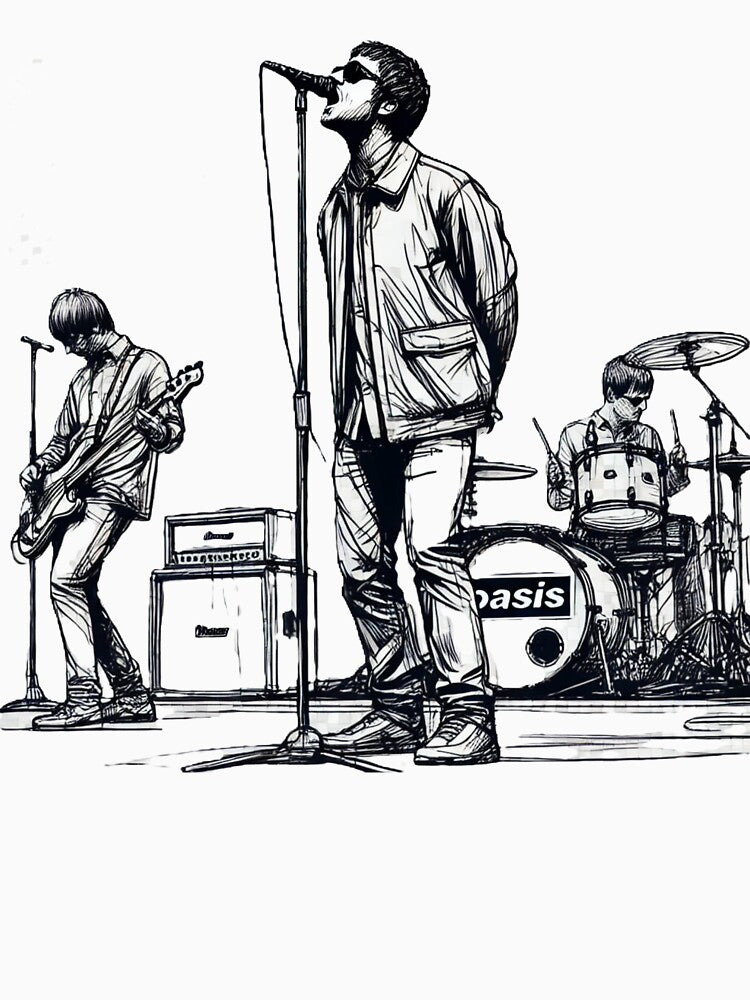 Minimalist Line Art of Oasis Performing – Retro Britpop Band Design by SmartProof Branding