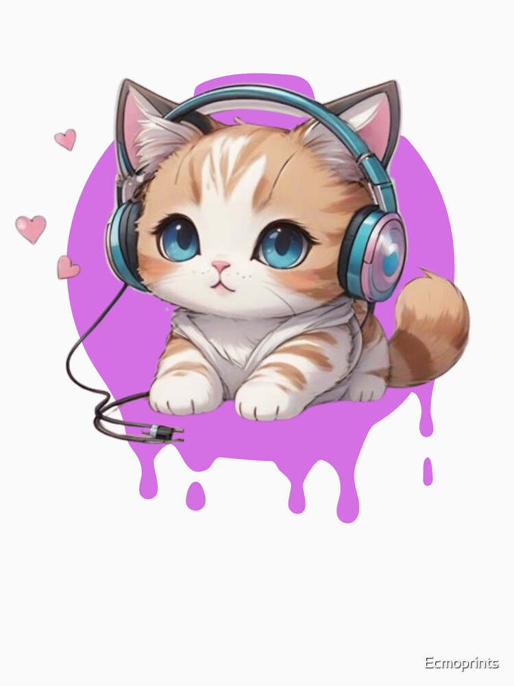 Cute little kitten with headphones in an anime kawaii look by Ecmoprints T-Shirts, Hoodie, Sweatshirt (Image 3)