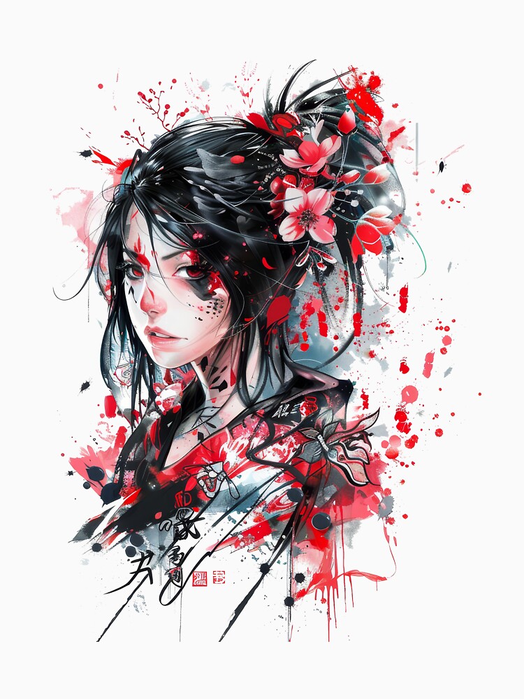Highly Detailed Japanese Woman And Flowers. by Lucy Goosy Art T-Shirts, Hoodie, Sweatshirt | BlankRebels.com (Image 3)