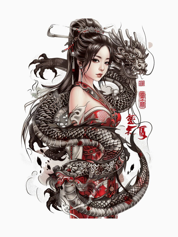 Beautiful Japanese Woman And Dragon. by Lucy Goosy Art T-Shirts, Hoodie, Sweatshirt | BlankRebels.com (Image 3)
