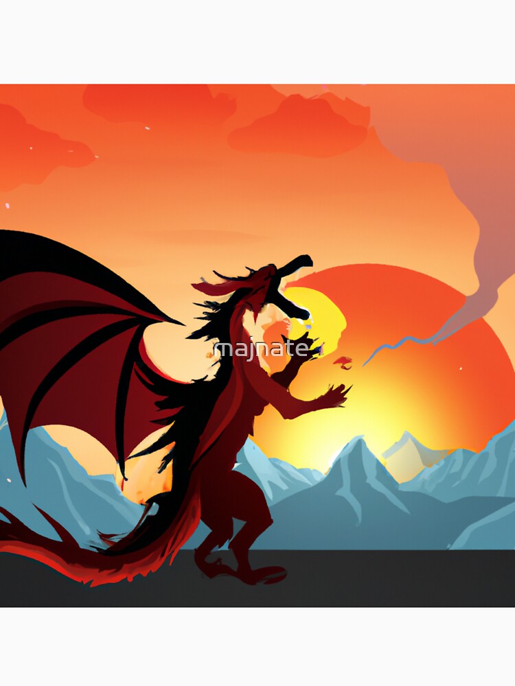 Dragon's Blaze: a fierce dragon breathing fire on the backdrop of snowcapped mountains with a setting sun by... (Image 3)