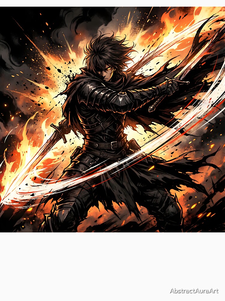 Dark Fantasy Anime Swordsman – Fire Slash Warrior Action Art by AbstractAuraArt T-Shirts, Hoodie, Sweatshirt (Image 3)
