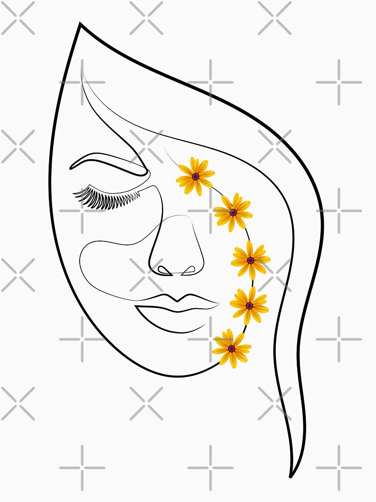 Woman Face with Yellow Flowers | One Line Drawing | One Line Art by One-Line-Artist T-Shirts, Hoodie, Sweatshirt (Image 3)