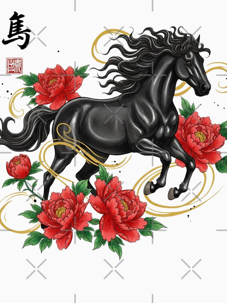 Year of the Horse 2026 Black Stallion & Red Peonies – New Year Notebook by loccotown168 T-Shirts, Hoodie,... (Image 3)