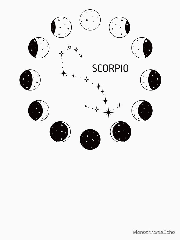 Moon phases and zodiac constellation Scorpio by MonochromeEcho T-Shirts, Hoodie, Sweatshirt | BlankRebels.com (Image 3)