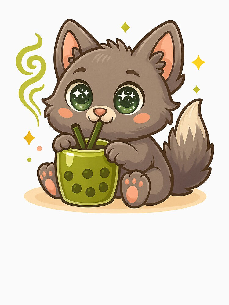 Kawaii Grey Cat Drinking Matcha Boba – Chibi Style Art by midnightloom T-Shirts, Hoodie, Sweatshirt (Image 3)