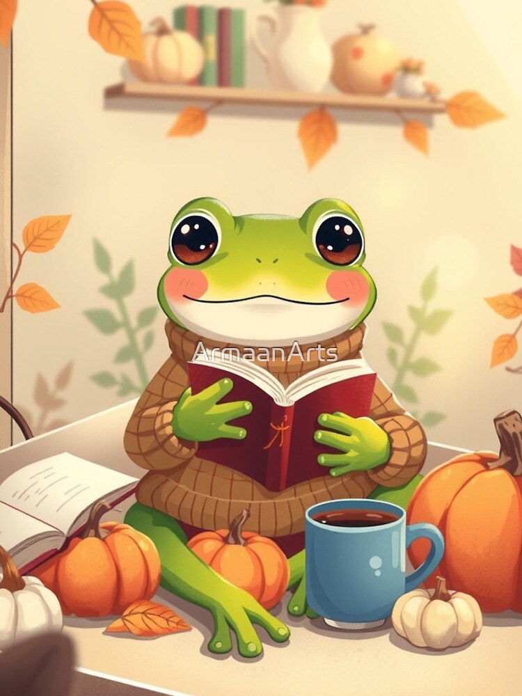 Cute Frog Book Lover T-Shirt | Cozy Autumn Reading Frog | Soft Fall Aesthetic Tee by ArmaanArts Hoodie, Sweatshirt (Image 3)