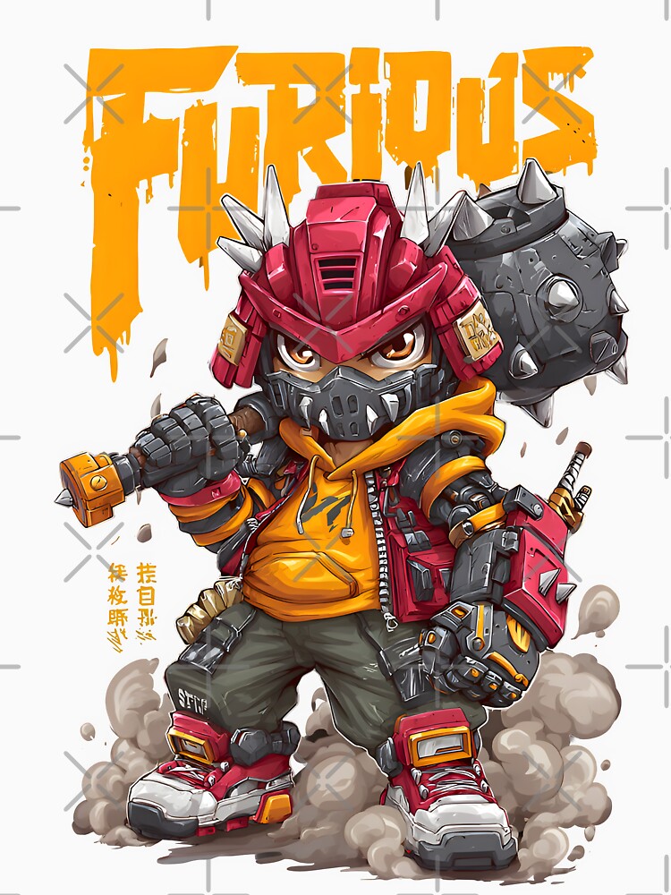 Furious Robot Samurai - Chibi Cyberpunk Warrior T-Shirt Design | Anime Streetwear Art for Gamers & Manga Fans... (Image 3)