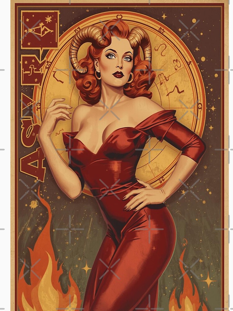 Vintage 1940s Aries Pin Up – Red Haired Beauty Ram Accents Fiery Retro Cosmic Illustration T-Shirts, Hoodie, Sweatshirt