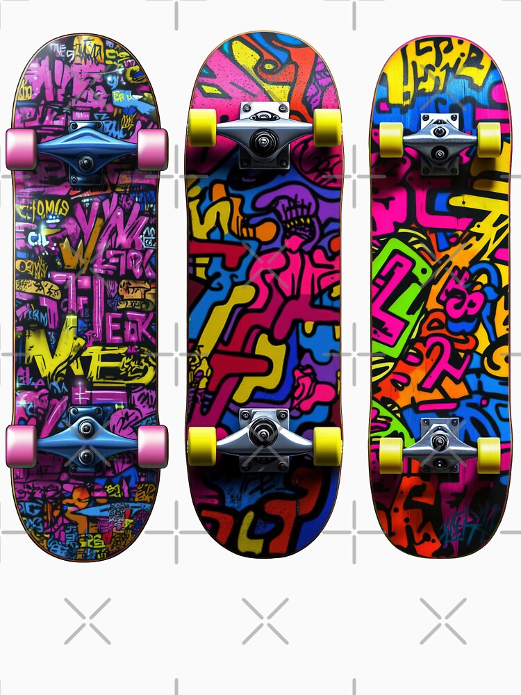 Three aesthetic skateboard graphics featuring retro 90s style, bold colors, and vintage appeal for unique deck... (Image 3)