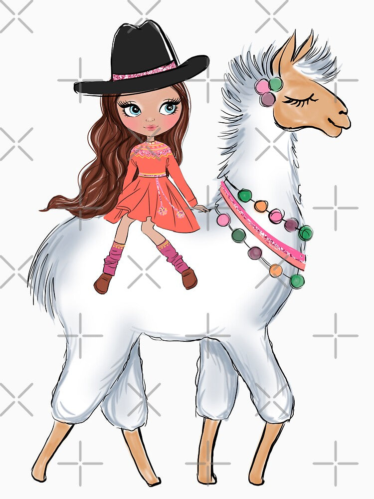 Boho style cute girl with llama girly illustration 2 by Lalanacliparts
