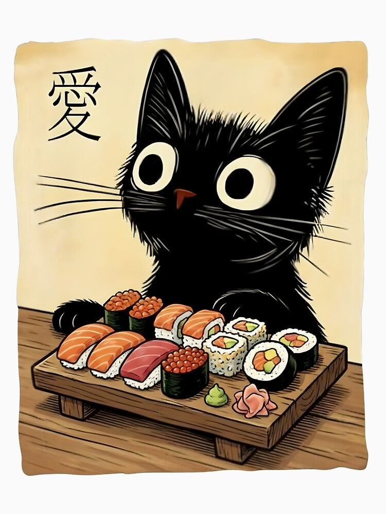 Cute Cat Eating Sushi - “Love” (愛) Japanese-Inspired Cat Illustration by Fluidic-Space T-Shirts, Hoodie, Sweatshirt (Image 3)
