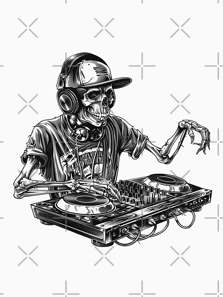 Skeleton DJ Mixing – Edgy Black and White Music Lover Illustration by inkoutninja T-Shirts, Hoodie, Sweatshirt (Image 3)