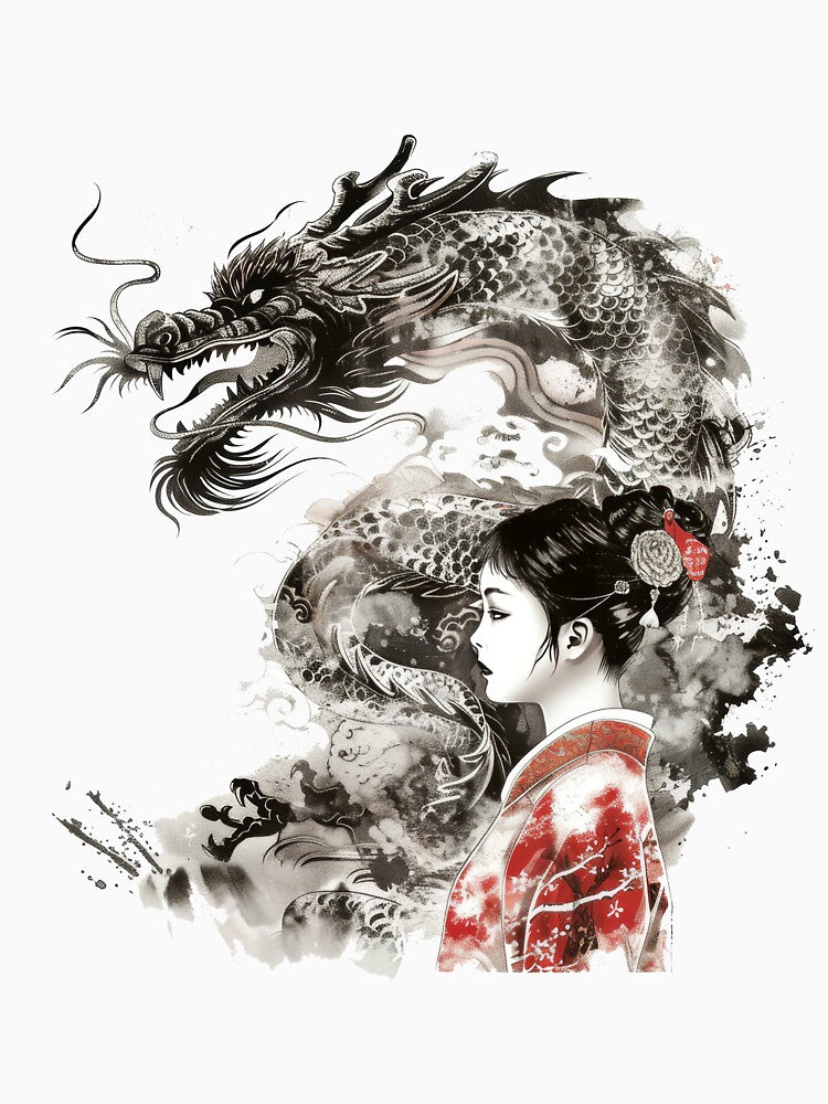 Beautiful Japanese Geisha Girl And Her Dragon. Tattoo Style Art by Lucy Goosy Art T-Shirts, Hoodie, Sweatshirt (Image 3)