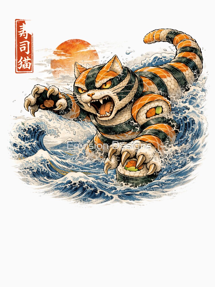 Retro Vintage Japanese Sushi Cat in the Kanagawa Wave by Envision Designs T-Shirts, Hoodie, Sweatshirt (Image 3)