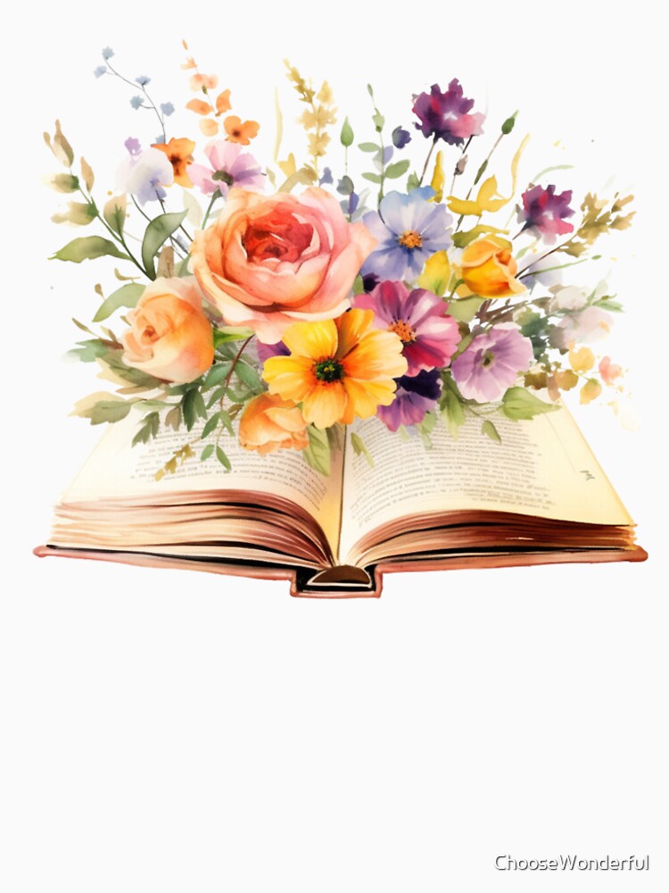 Vintage Book with flowers sticker,Watecolor Floral book aesthetic,Reading book with spring flowers by... (Image 2)
