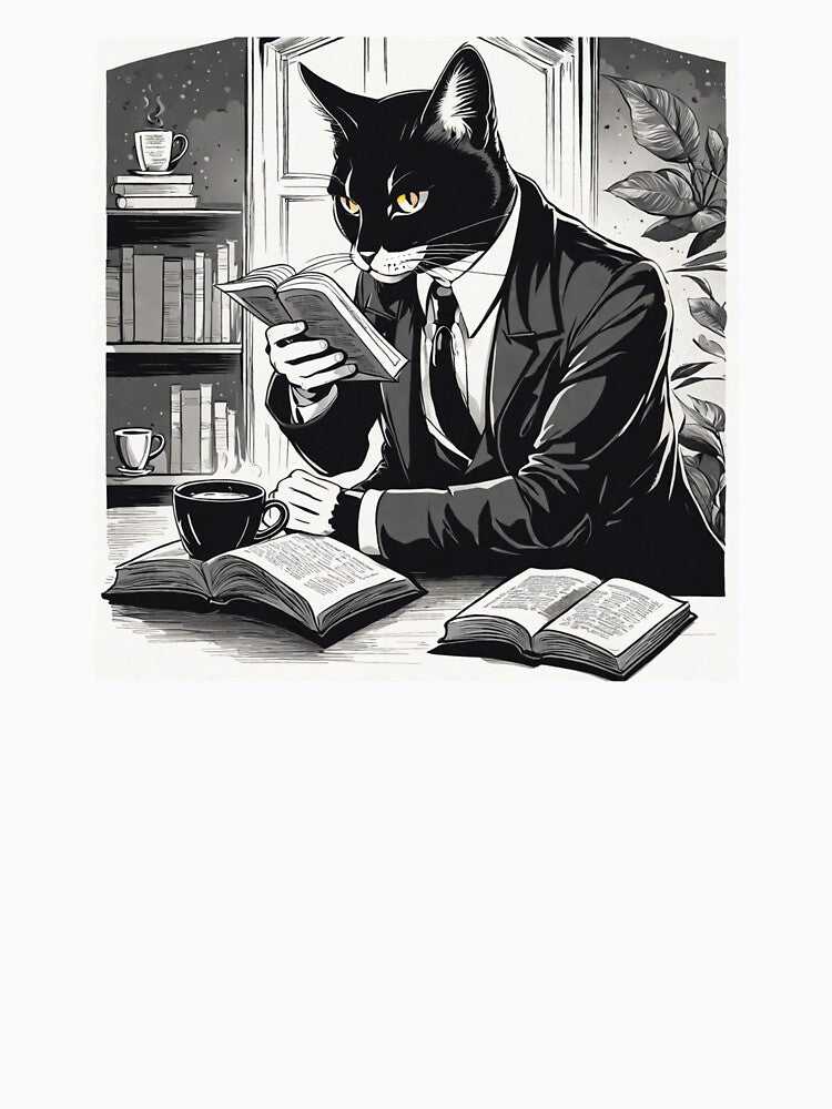 Detective cat in a black suit sipping coffee while reading a book by othmanebhl T-Shirts, Hoodie, Sweatshirt (Image 3)