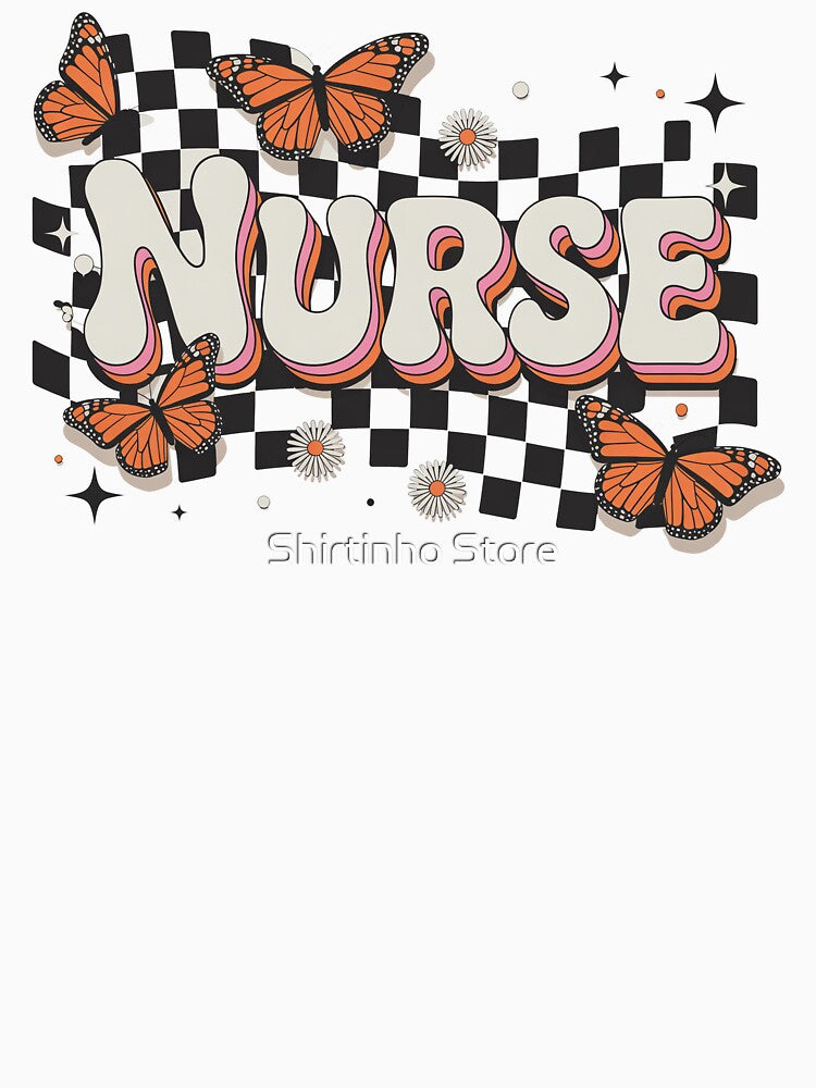 Retro Nurse Butterfly Checkerboard Design by Shirtinho Store T-Shirts, Hoodie, Sweatshirt | BlankRebels.com (Image 3)
