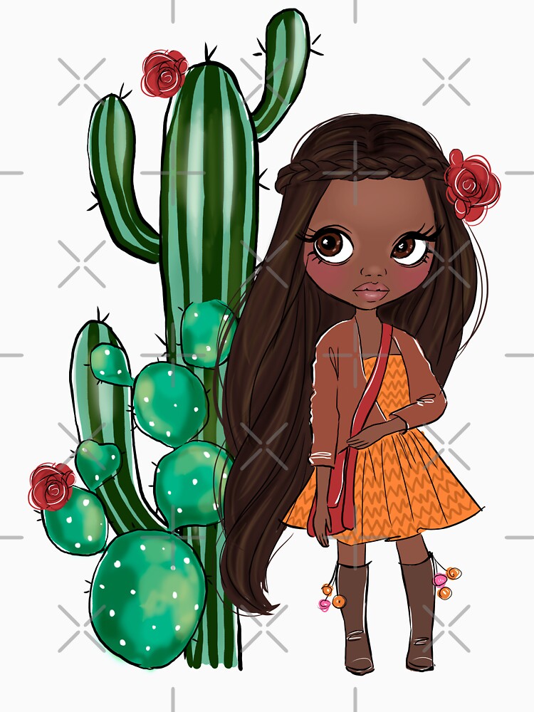 Boho style cute girl with cactus girly illustration 1 by Lalanacliparts
