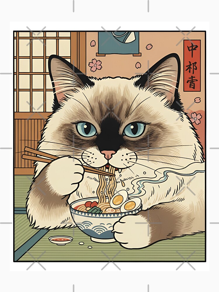 Japanese Ramen Cat Art - Ragdoll Eating Noodles Ukiyo-e Woodblock Print Style by PixelKool