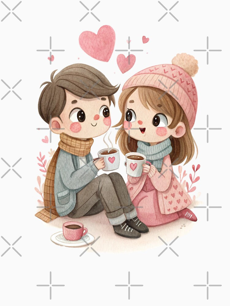 Romantic Winter Coffee Couple Cute Kawaii Love Artwork by Lulunza T-Shirts, Hoodie, Sweatshirt | BlankRebels.com (Image 3)
