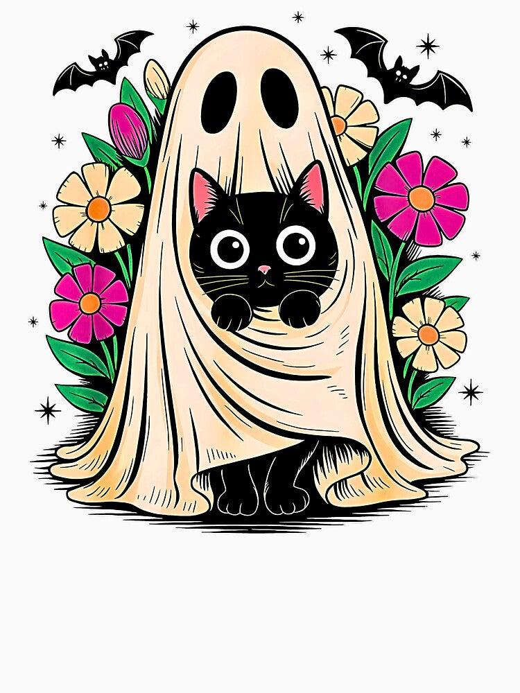 Vintage Halloween Ghost Holding Black Cat Groovy Floral by CARTERRSHOP T-Shirts, Hoodie, Sweatshirt (Image 3)