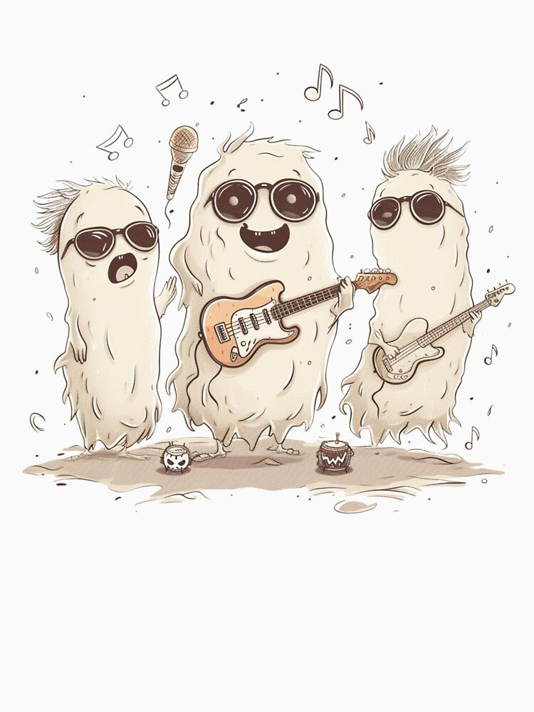 Funny Halloween Ghost Band – Spooky Cartoon Music Trio with Guitars Illustration by EchoofElijah T-Shirts,... (Image 3)